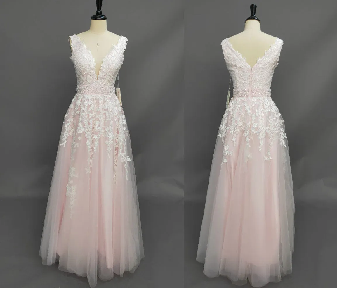 A-Line Ball Gown Lace Tulle V-neck Sleeveless Zipper Low-V Back Dress