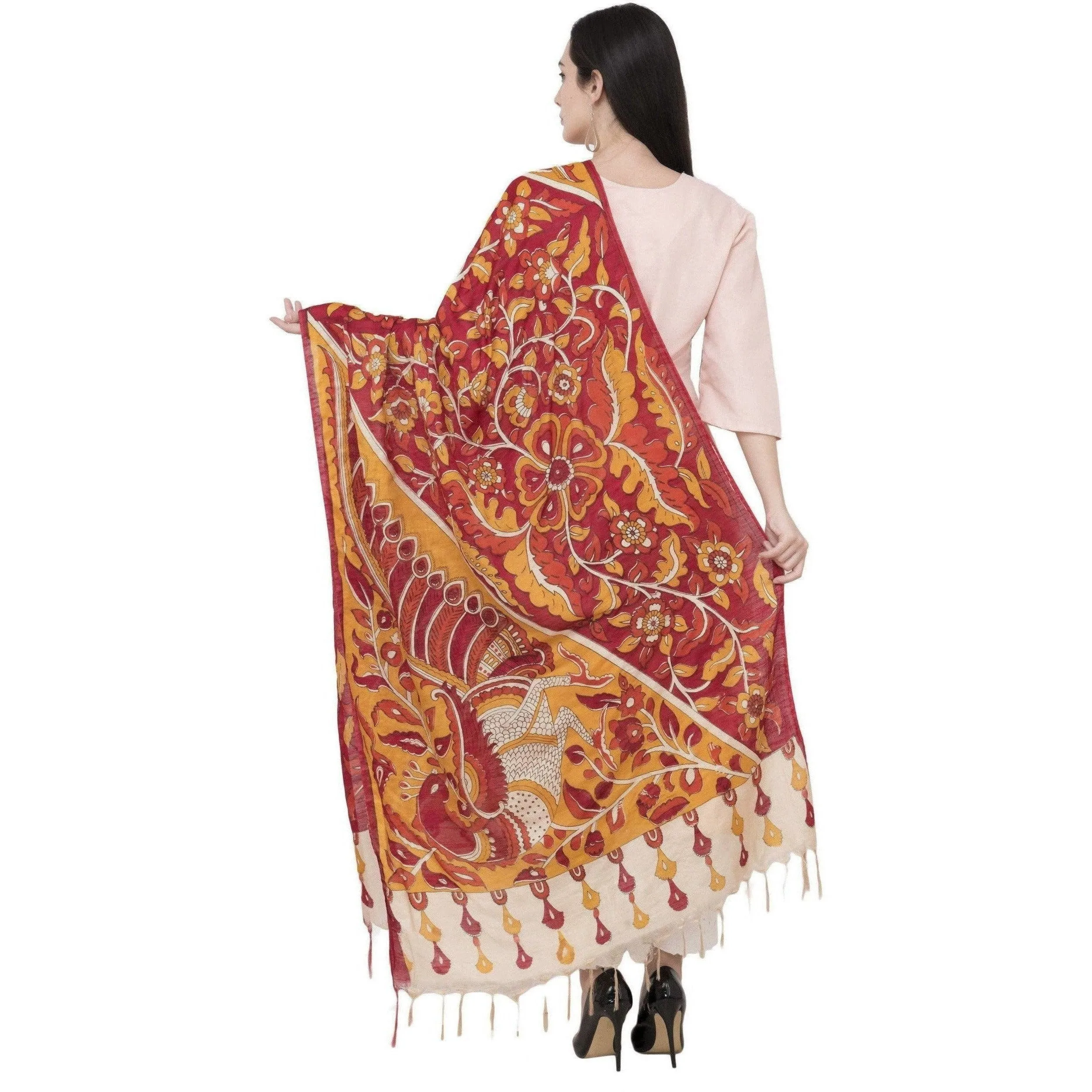 A R Silk Modal Kalamkari Print Orange Colour Fancy Dupatta