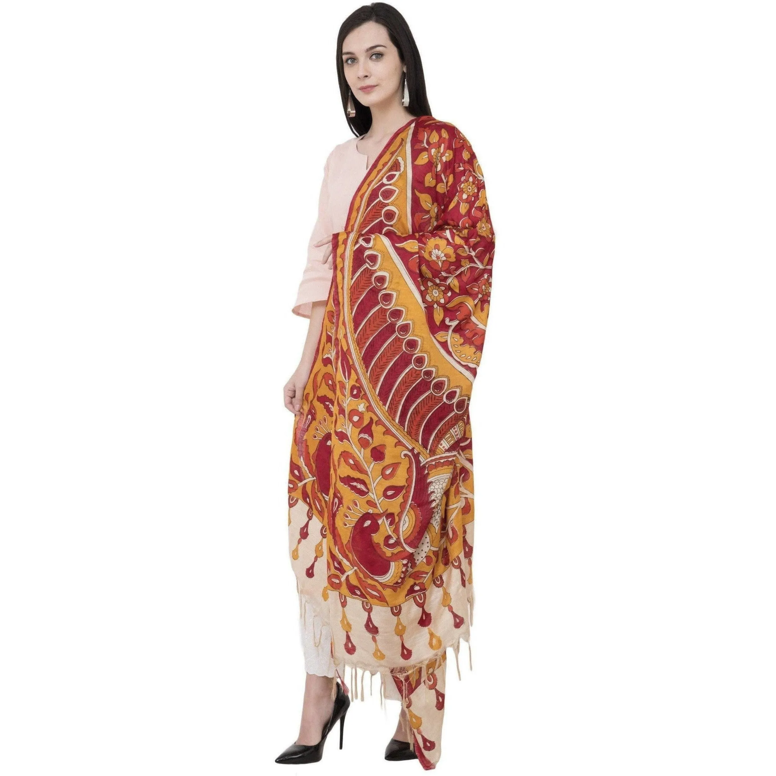 A R Silk Modal Kalamkari Print Orange Colour Fancy Dupatta