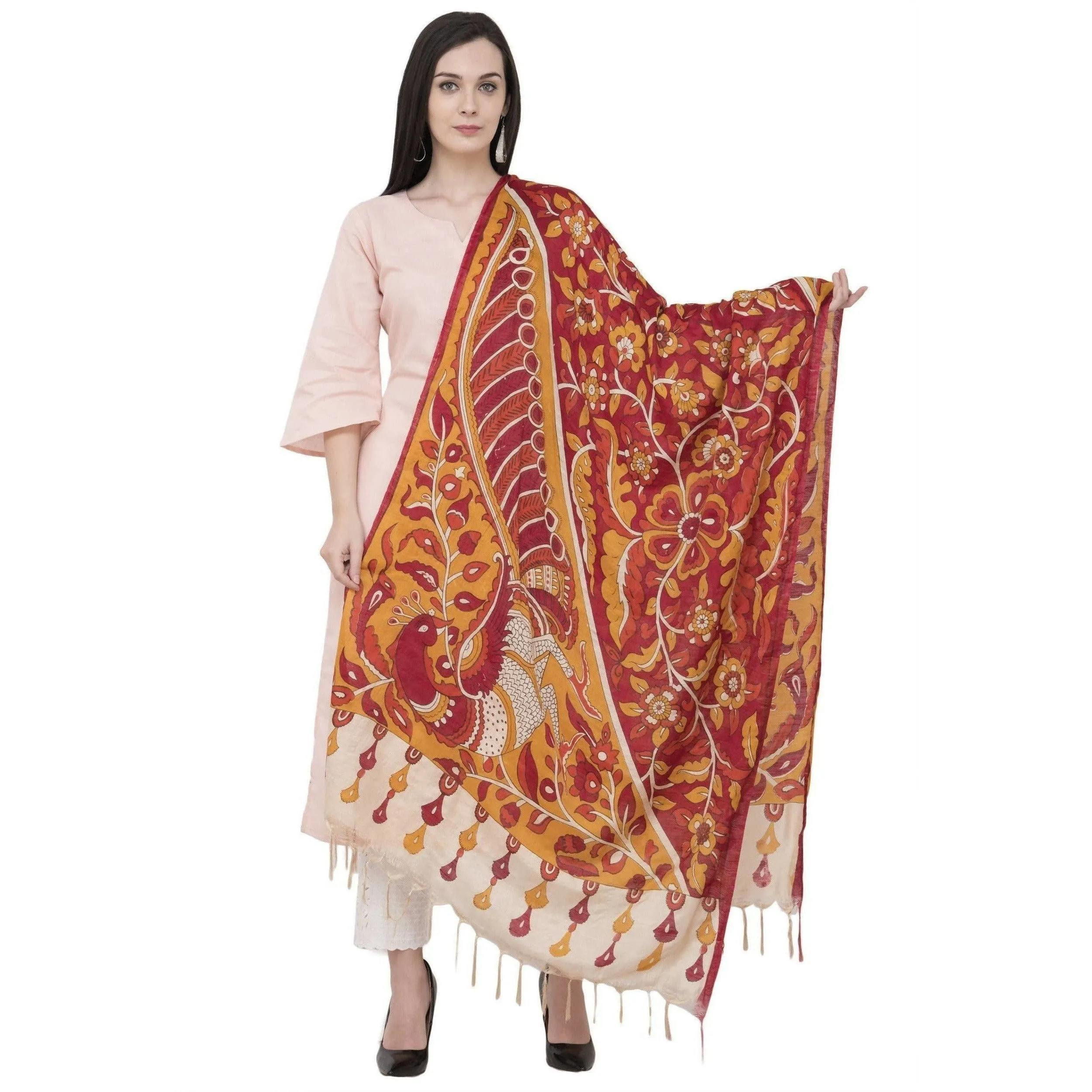 A R Silk Modal Kalamkari Print Orange Colour Fancy Dupatta