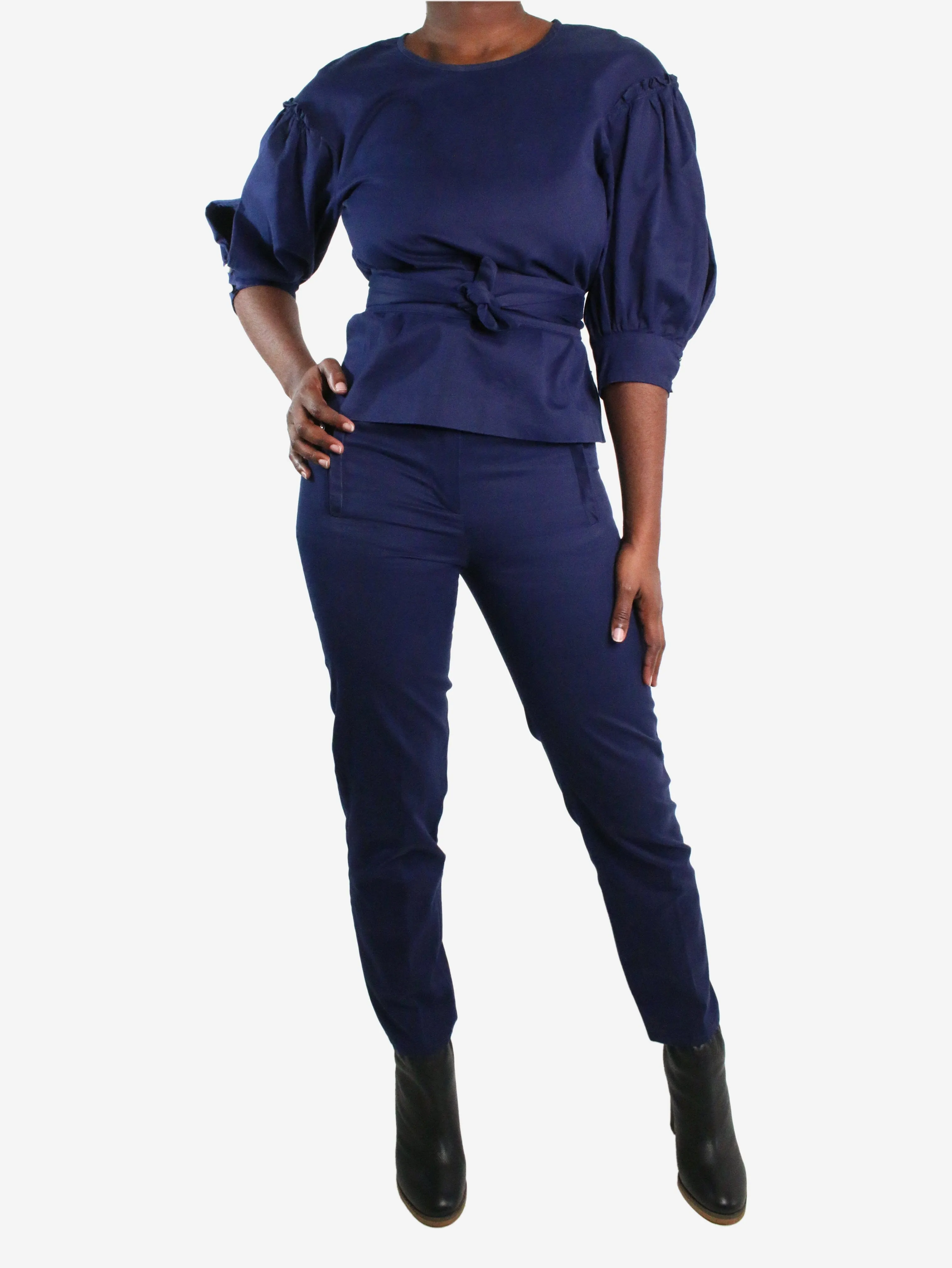 Blue long-sleeved top and trousers set with belt - size UK 8