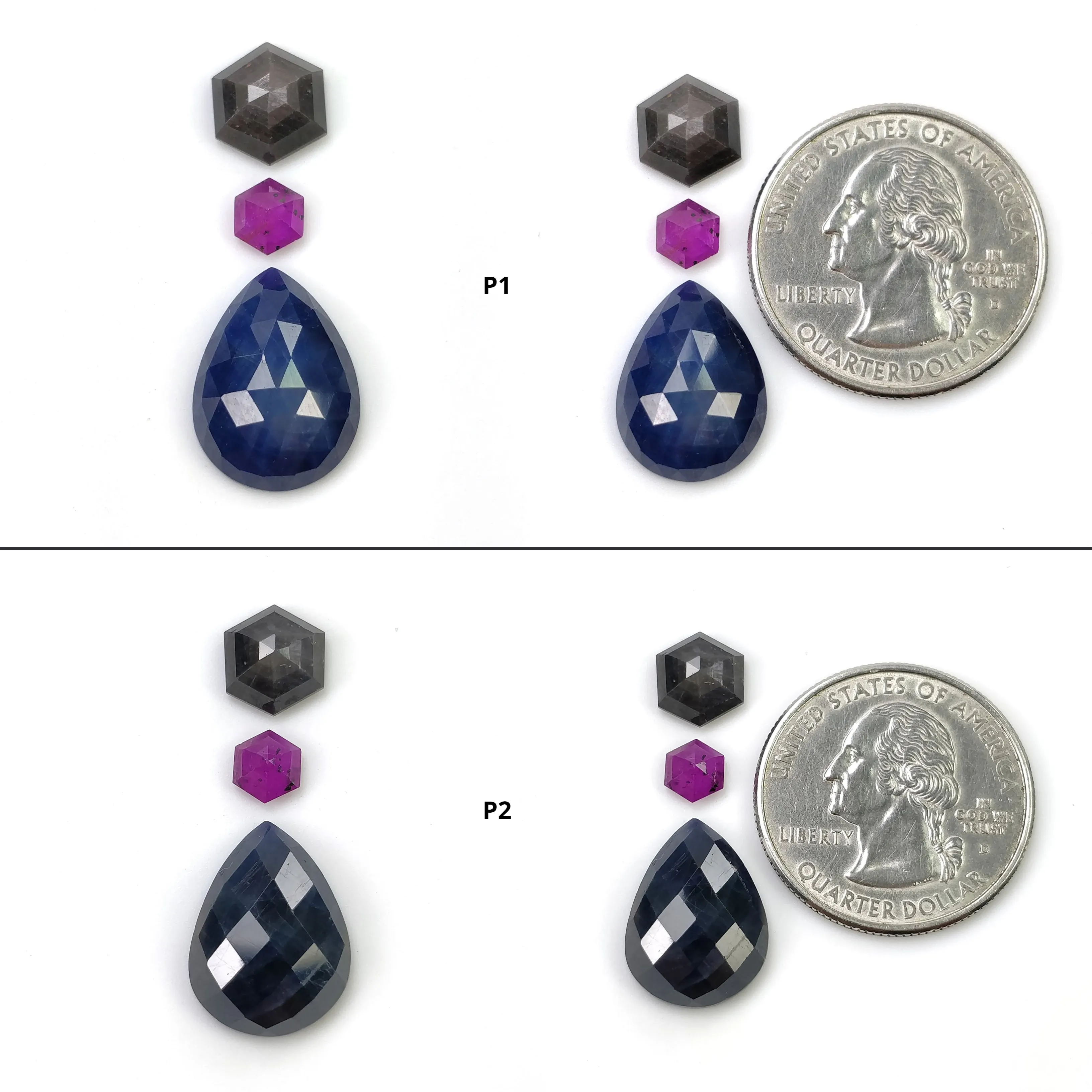 BLUE SILVER And Raspberry SAPPHIRE Gemstone Checker Rose & Step Cut : Natural Untreated Sapphire Hexagon Pear Shape 3pcs