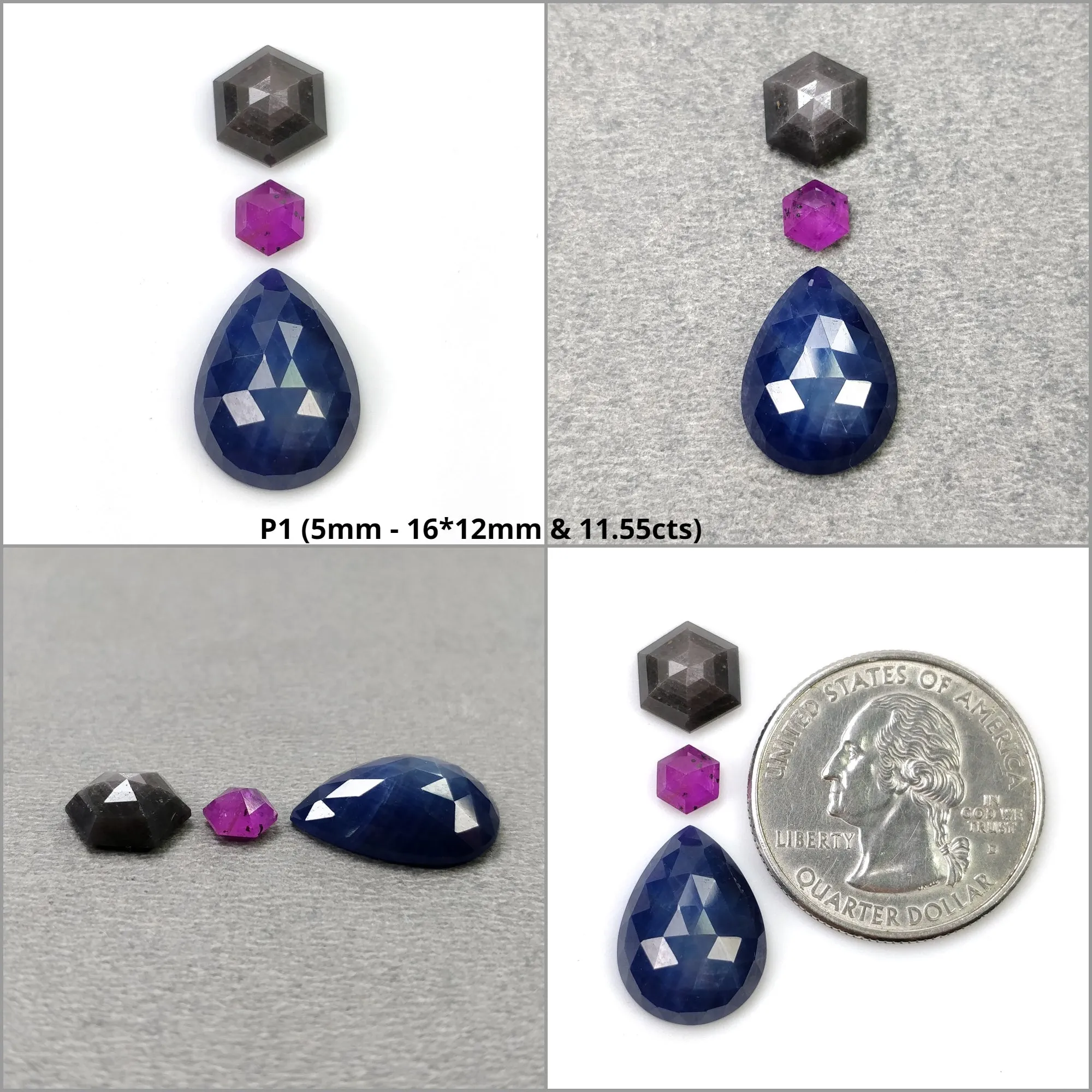 BLUE SILVER And Raspberry SAPPHIRE Gemstone Checker Rose & Step Cut : Natural Untreated Sapphire Hexagon Pear Shape 3pcs