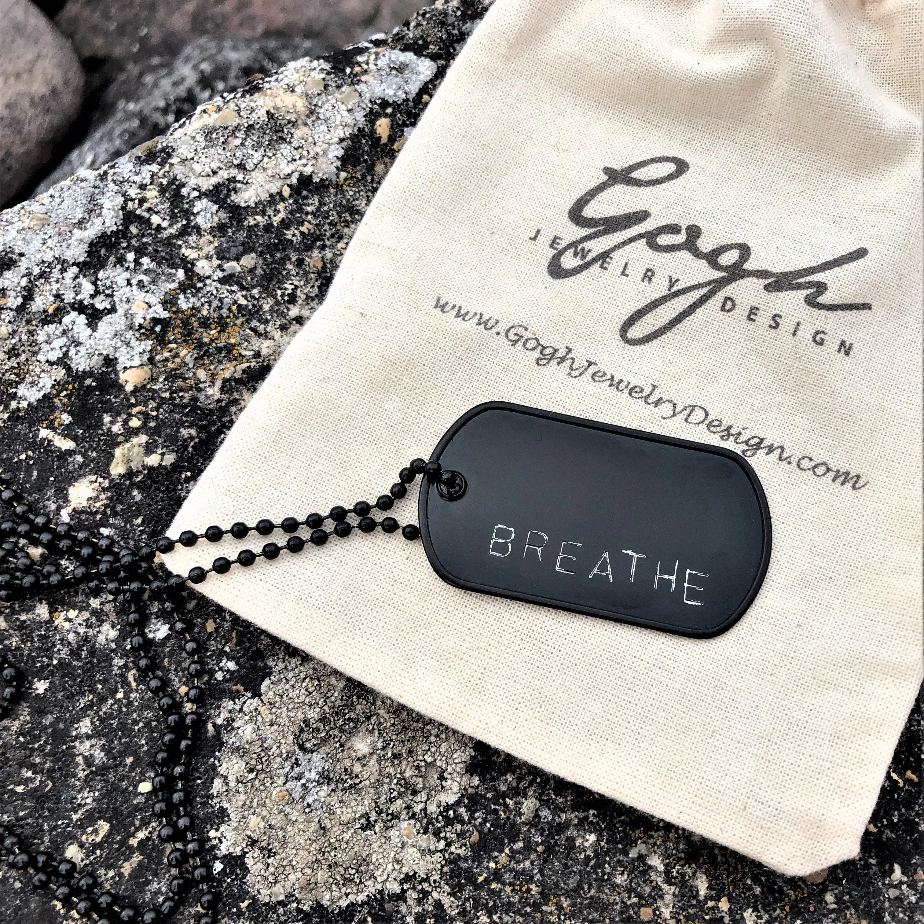 BREATHE - Black Stainless Steel Dog Tag Necklace