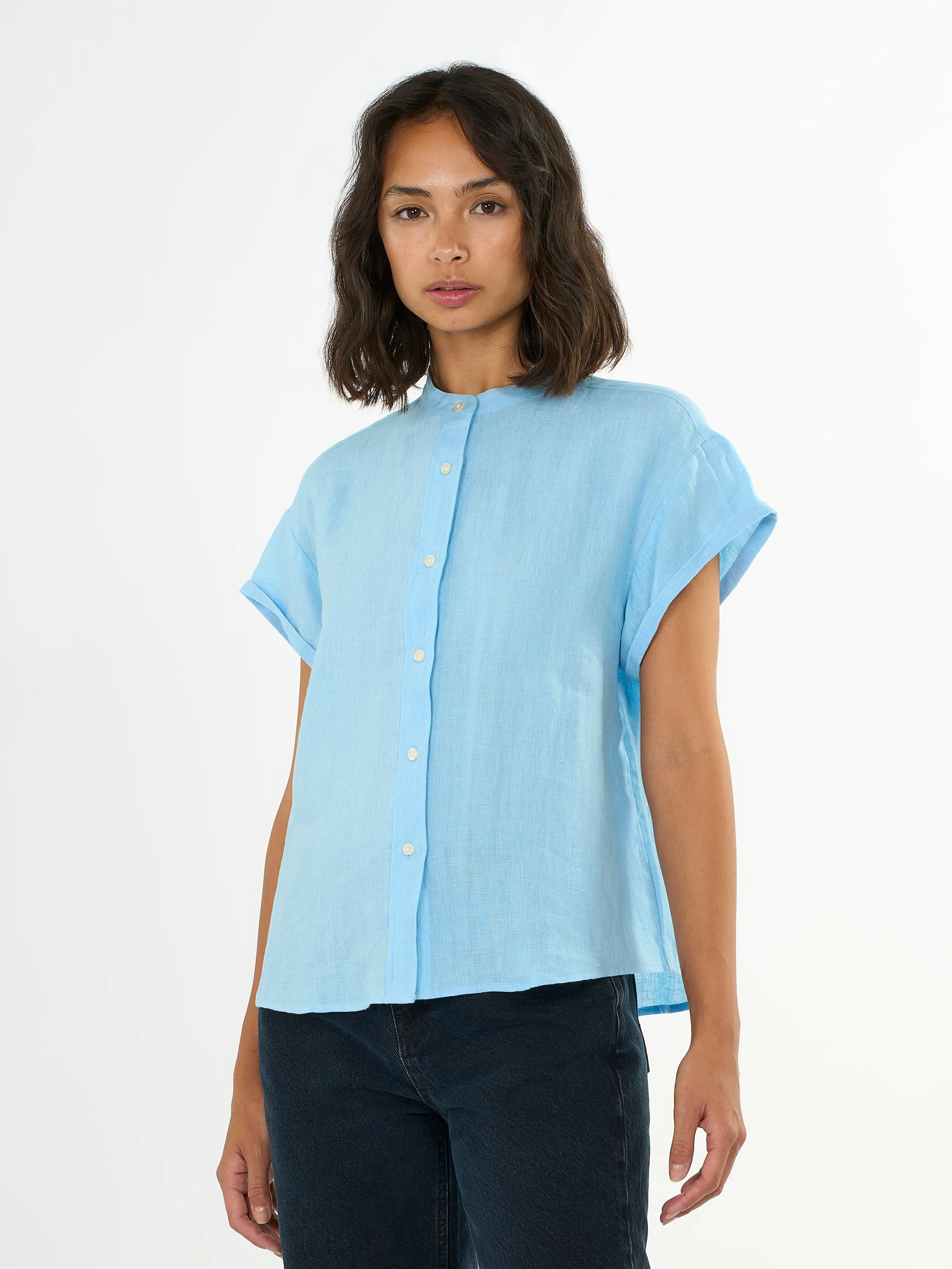 Collar stand short sleeve linen shirt - Airy Blue