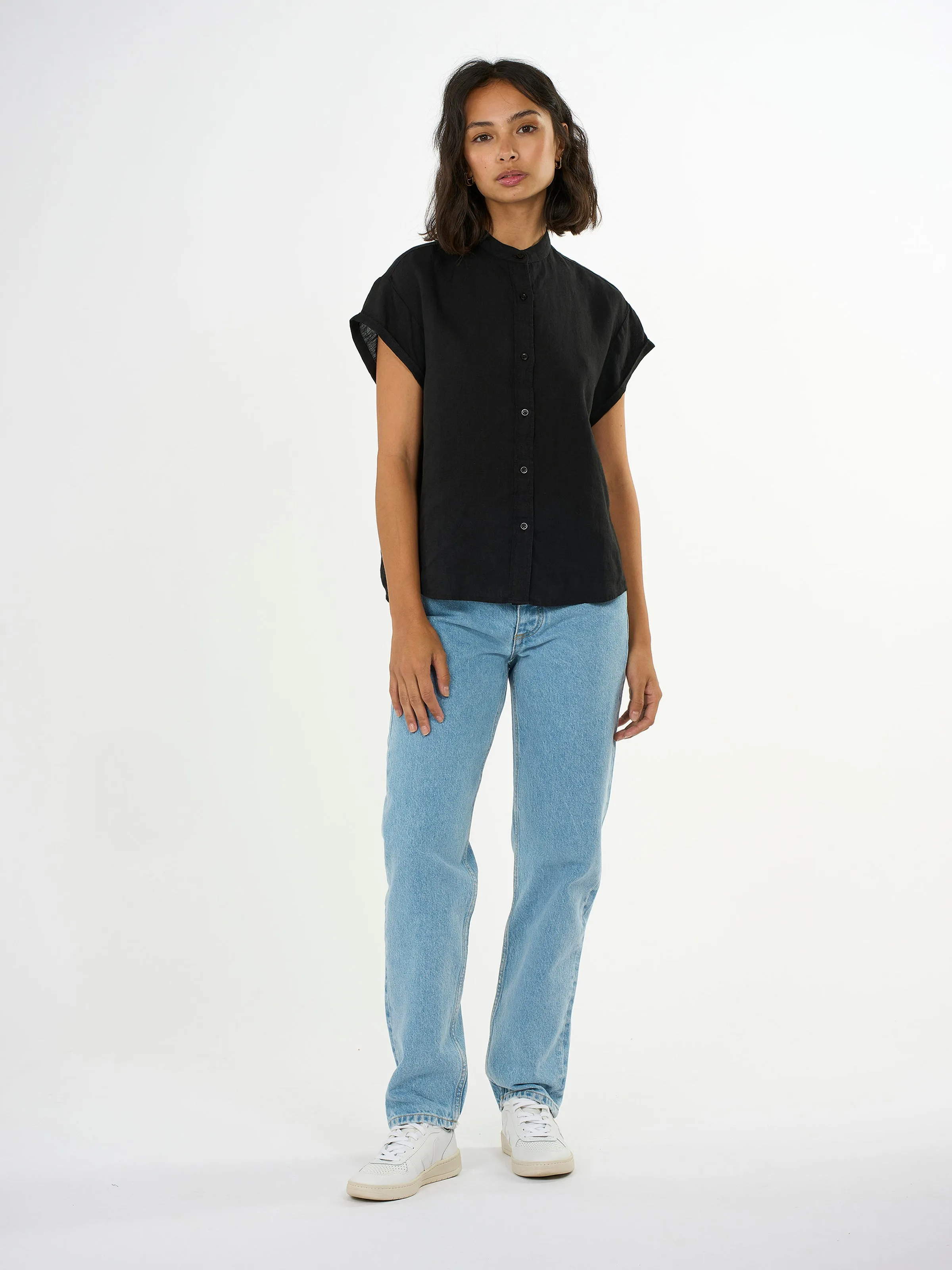 Collar stand short sleeve linen shirt - Black Jet