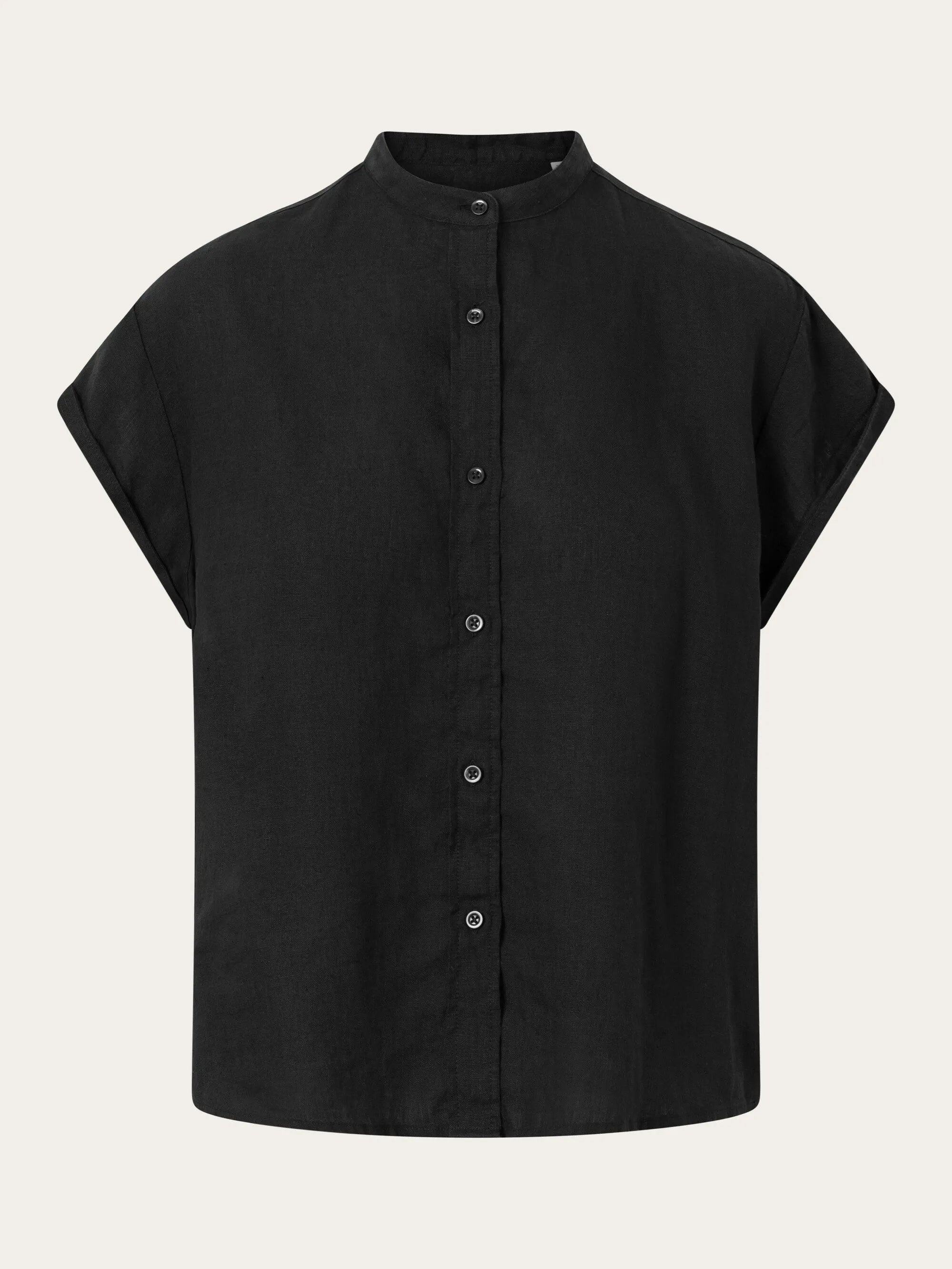 Collar stand short sleeve linen shirt - Black Jet