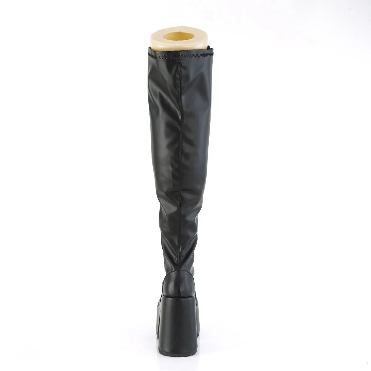 Demonia CAMEL-300WC | Black Stretch V. Leather Above Knee Boots