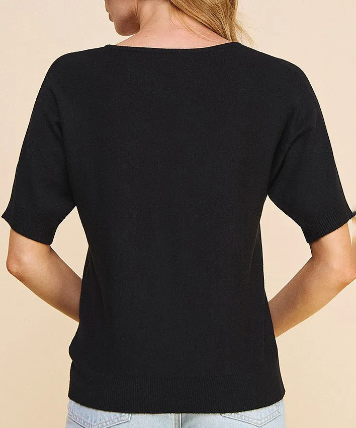 Fine Gauge Short Sleeve Top - Black