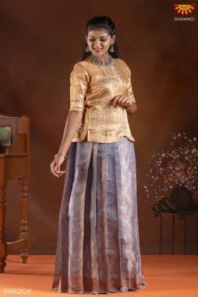 Girls Grey Copper Honeycomb Pattu Pavadai | Langa