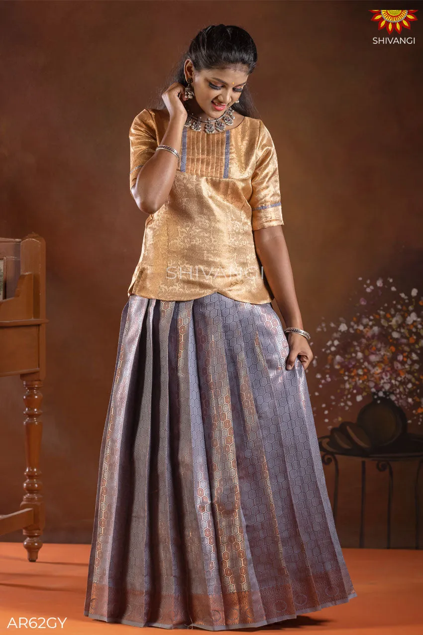 Girls Grey Copper Honeycomb Pattu Pavadai | Langa