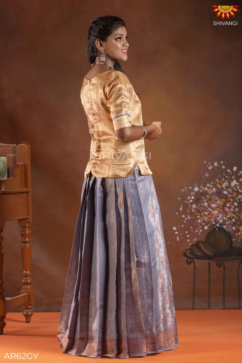 Girls Grey Copper Honeycomb Pattu Pavadai | Langa