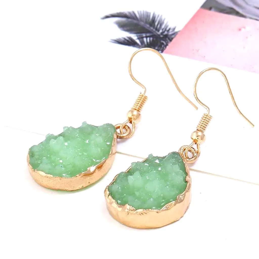 Green Druzy Teardrop Dangle Earrings