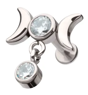 Moon Phase Dangle Clear CZ Stainless Steel Internally Threaded Labret