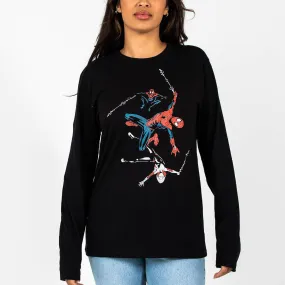 Spider-Man, Miles Morales, and Ghost Spider Web-Swinging Black Long Sleeve Tee