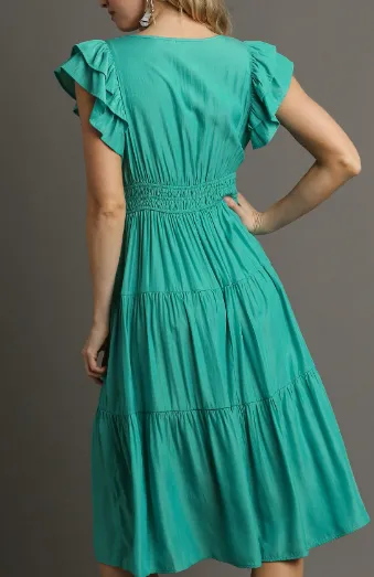 Teal Flutter Sleeve Midi Dress