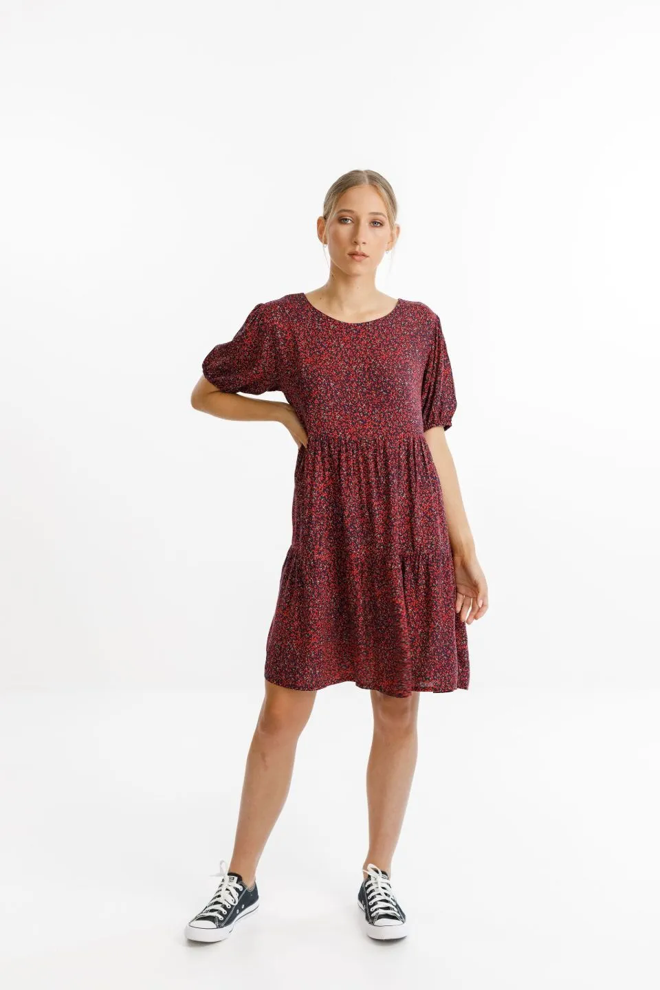 Whirl Mini Tiered Red Ditsy Mini Dress