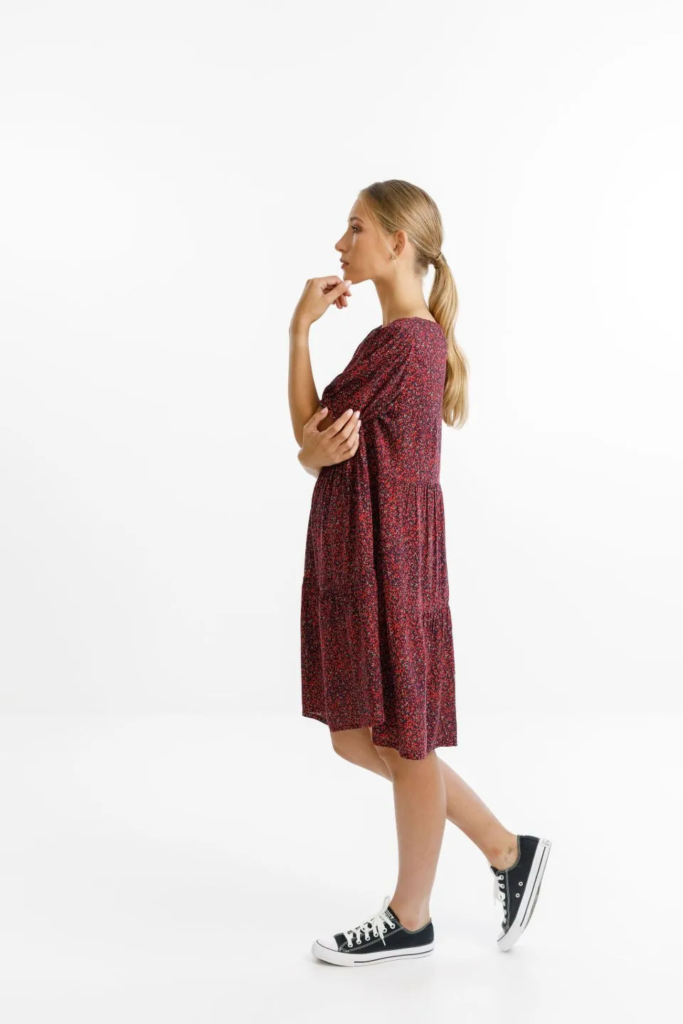 Whirl Mini Tiered Red Ditsy Mini Dress