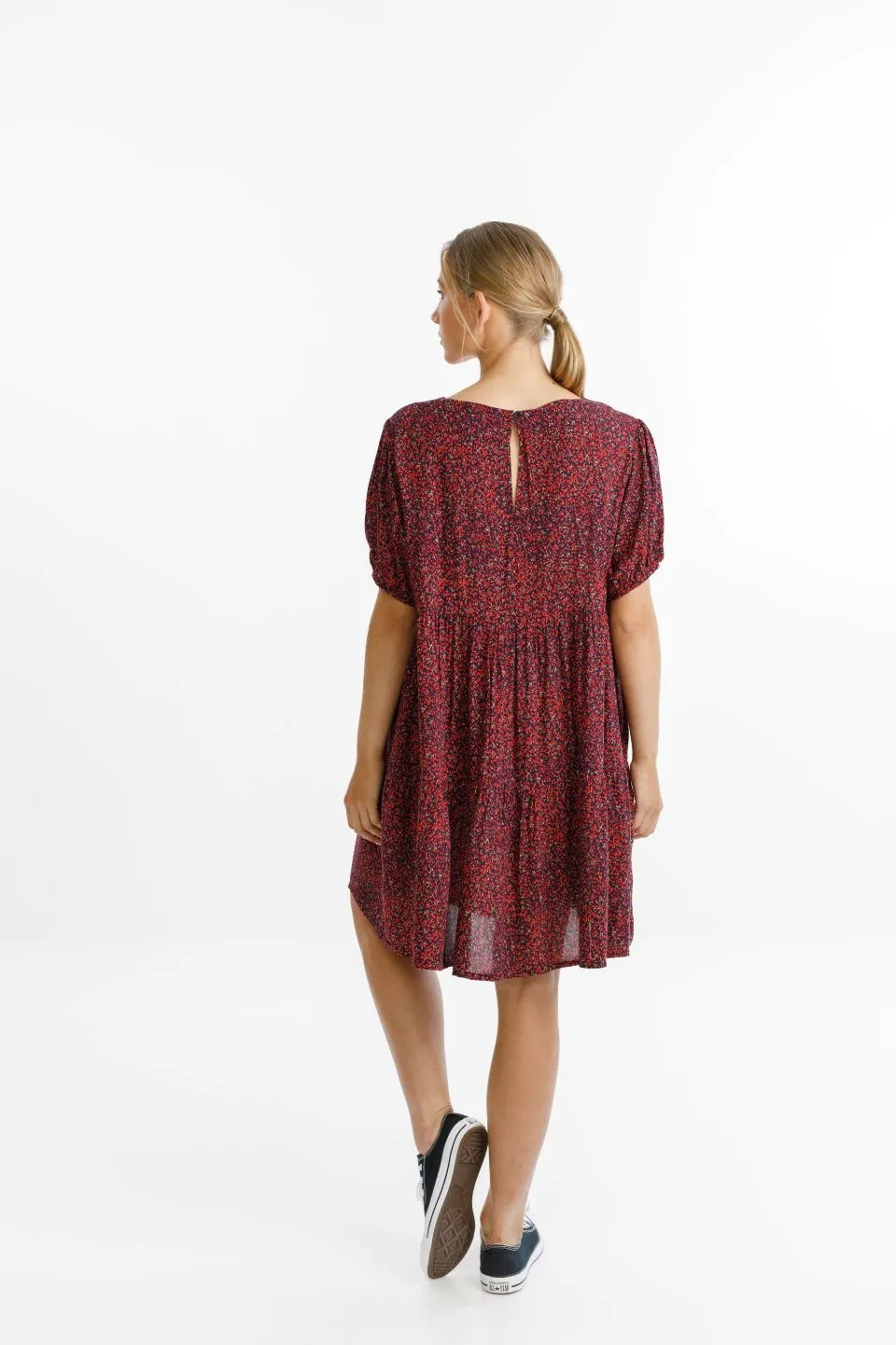 Whirl Mini Tiered Red Ditsy Mini Dress